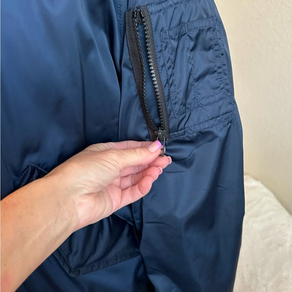 Tory Burch Bomber Jacket Deep Blue Sheen Tory Sport Zipper Pull Oversized Sz XS